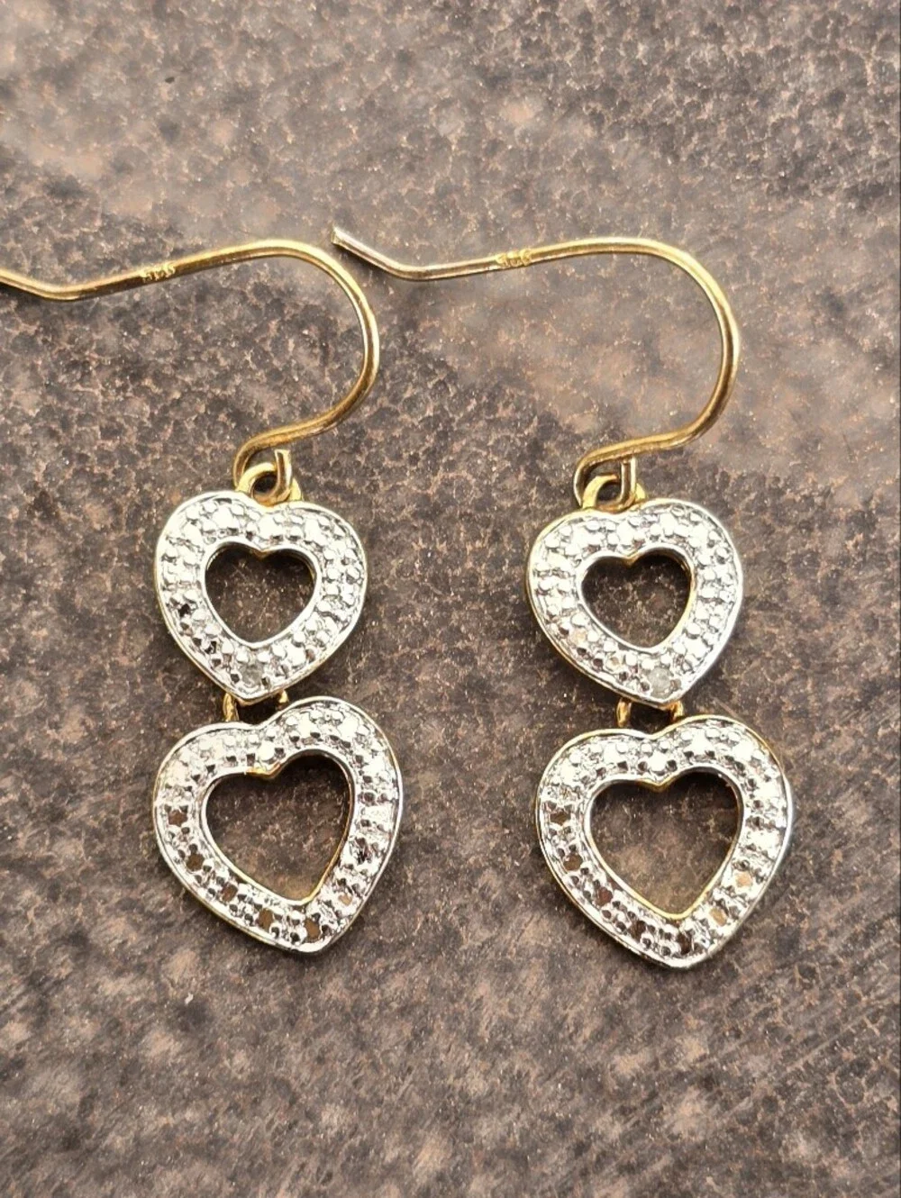 Fancy genuine diamond 925 sterling silver gold vermeil double heart dangle earri